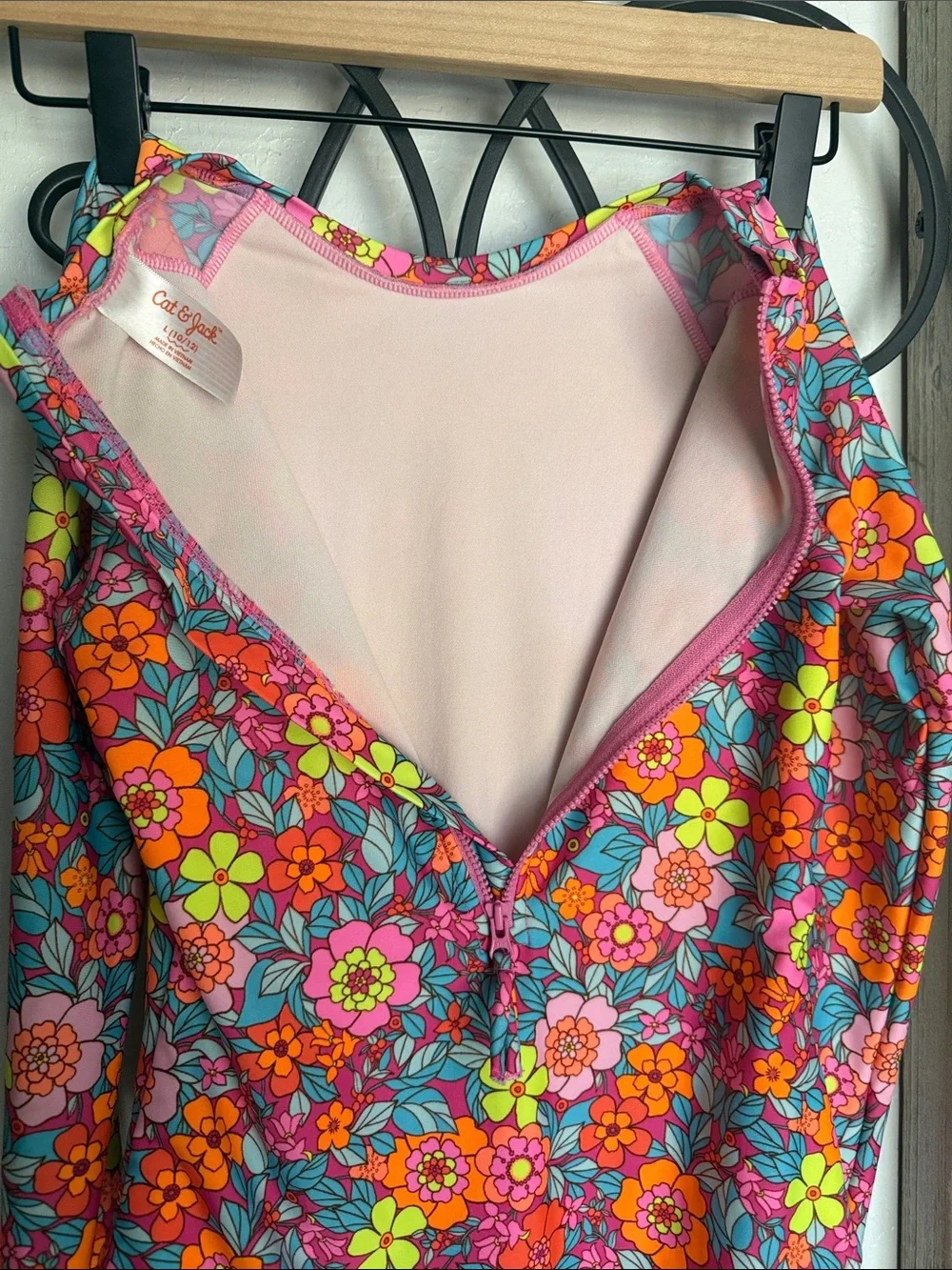 Girls Cat & Jack Long Sleeve Floral One Piece Swimsuit Pink Multi | Size L 10/12